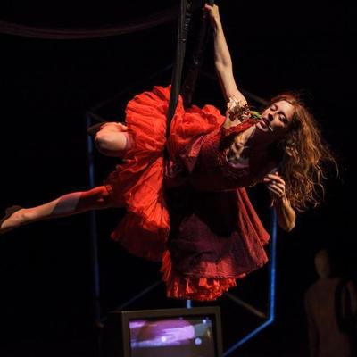 Performer from SHOW Circus Studio in Easthampton, Massachusetts, hanging from straps while clutching a rose in teeth.